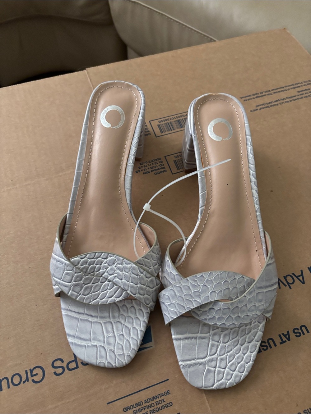 Women's Croc-Embossed Slide Sandals in Light Gray
